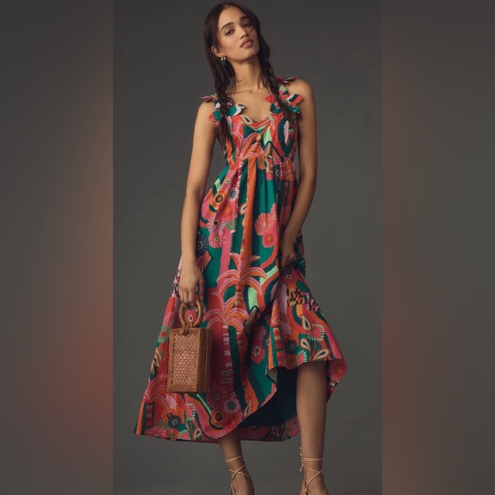FARM Rio Pink and Green Floral High-Low Dress
